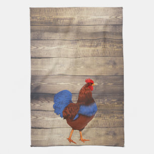 Rustic Farmhouse Rooster & Barn Wood Planks Tea Towel