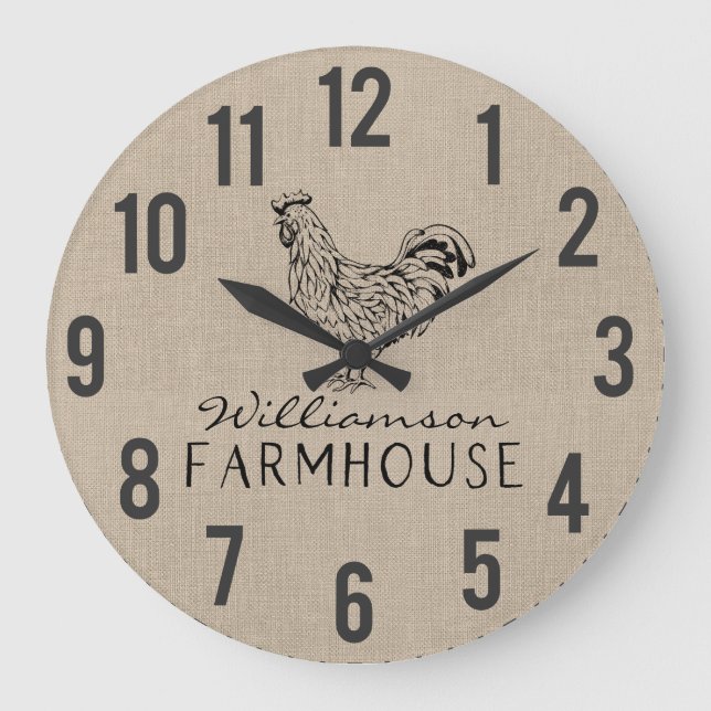 Rustic Farmhouse Rooster Burlap Family Name Large  Clock (Front)