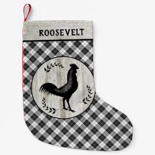 Rustic Farmhouse Rooster Checker Plaid Custom Name Small Christmas Stocking