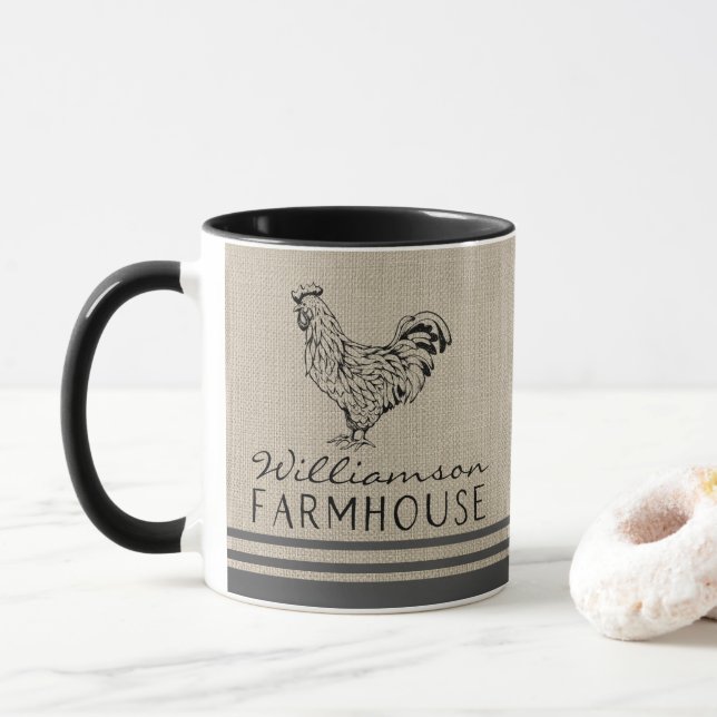 Rustic Farmhouse Rooster Family Name Burlap Mug (With Donut)