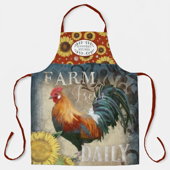 Rustic Farmhouse Rooster n Sunflowers Kitchen Name Apron (Front)