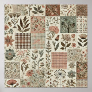 Rustic Farmhouse Sage Green Patchwork Quilt Floral Poster