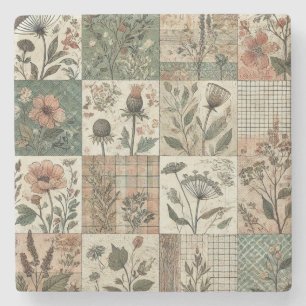 Rustic Farmhouse Sage Green Patchwork Wildflower  Stone Coaster