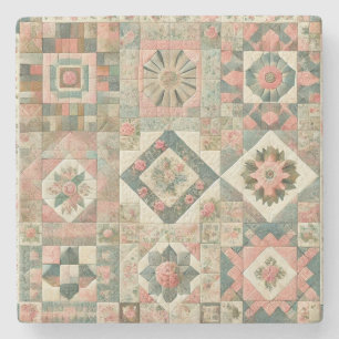 Rustic Farmhouse Sage Green Patchwork Wildflower  Stone Coaster