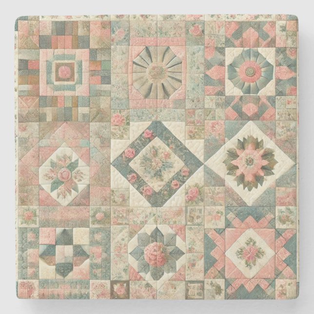 Rustic Farmhouse Sage Green Patchwork Wildflower  Stone Coaster (Front)
