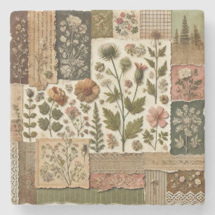 Rustic Farmhouse Sage Green Patchwork Wildflower  Stone Coaster