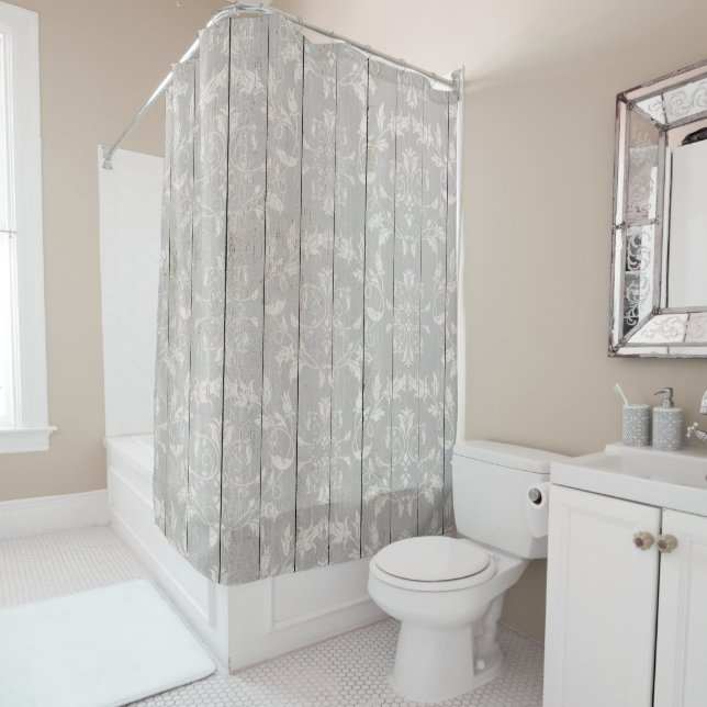Rustic Farmhouse Shabby Chic White Wood Decorative Shower Curtain (In Situ)