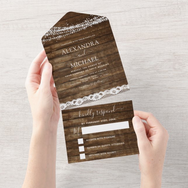 Rustic Farmhouse String Lights Lace Wedding RSVP All In One Invitation (Tearaway)