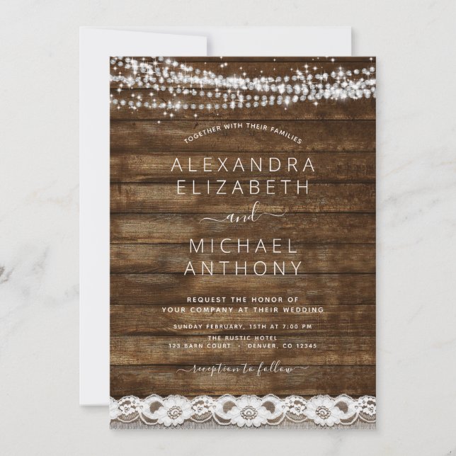 Rustic Farmhouse String Lights Lace Wood Wedding Invitation (Front)