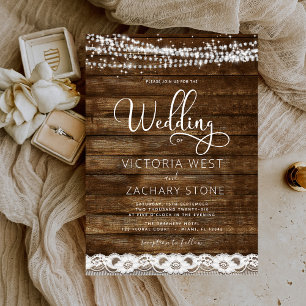 Rustic Farmhouse String Lights Lace Wood Wedding Invitation