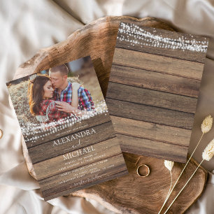 Rustic Farmhouse String Lights Photo Wedding Invitation