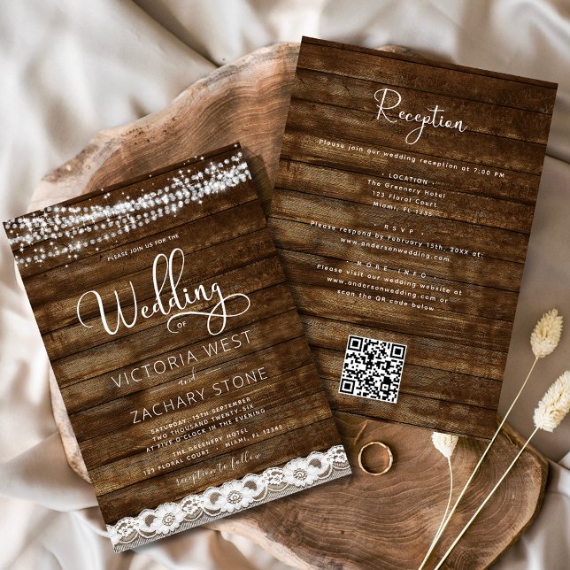 Rustic Farmhouse String Lights QR Code Wedding Invitation (Creator Uploaded)