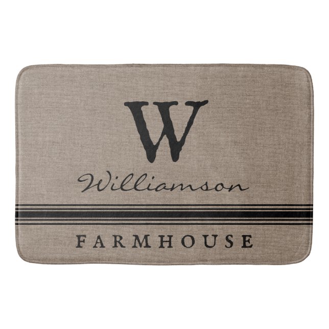 Rustic Farmhouse Style Burlap Family Name Country  Bath Mat (Front)