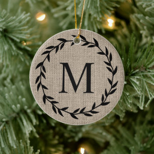 Rustic Farmhouse Style Burlap Holiday Monogrammed Ceramic Tree Decoration