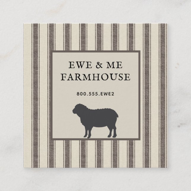Rustic Farmhouse Style Sheep Grey Ticking  Square Business Card (Front)