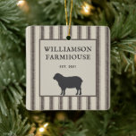 Rustic Farmhouse Style Sheep Photo Christmas  Ceramic Ornament<br><div class="desc">Rustic Farmhouse Style Sheep Grey.Black Ticking Photo Ticking Christmas Ornament- Farmhouse style Christmas ornament features ticking stripe with a rustic sheep and distressed, vintage font. Two sided ornament allows for plenty of room for all of your business details. Our high quality template makes it almost effortless to customise your ornament....</div>