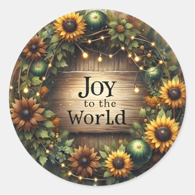 Rustic Farmhouse Sunflower Joy To The World  Classic Round Sticker (Front)