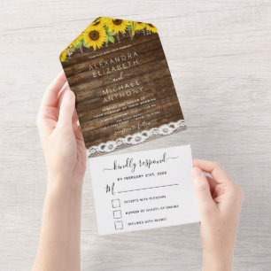 Rustic Farmhouse Sunflower Lace Wedding All In One Invitation