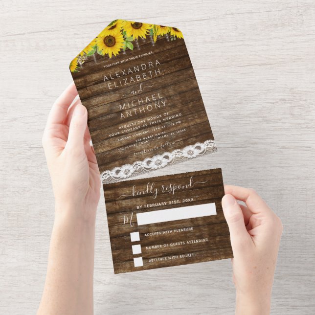 Rustic Farmhouse Sunflower Lace Wedding All In One Invitation (Tearaway)