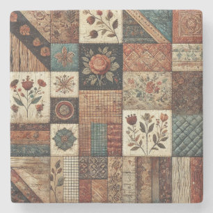 Rustic Farmhouse Terracotta Patchwork Quilt Floral Stone Coaster