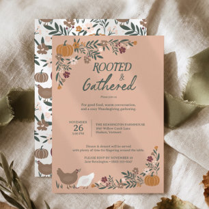Rustic Farmhouse Thanksgiving Hens Pumpkins Floral Invitation