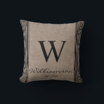 Rustic Farmhouse Ticking Stripe Burlap Monogram  Cushion<br><div class="desc">Rustic Farmhouse Ticking Stripe Burlap Monogram Burgundy Ticking Stripe. Pillow is personalised with your Monogram and Name. Pillow makes a very thoughtful gift to be treasured for years to come. Our high quality template makes it simple to customise your pillow. If you would like to customise it further, please use...</div>