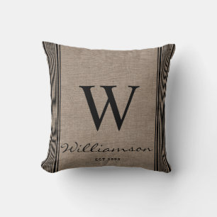 Rustic Farmhouse Ticking Stripe Burlap Monogram  Cushion