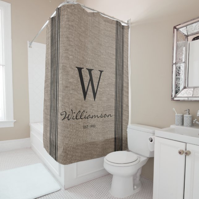 Rustic Farmhouse Ticking Stripe Burlap Monogram Sh Shower Curtain (In Situ)