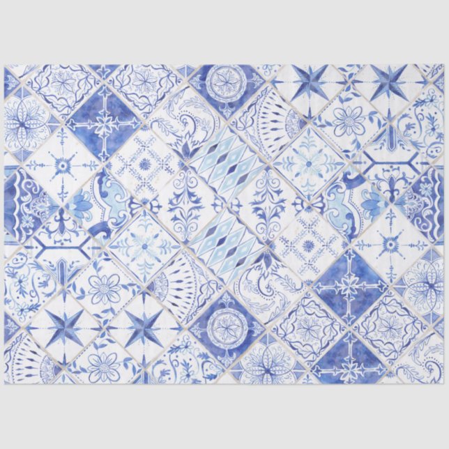 Rustic Farmhouse Tile Blue White Pattern Decoupage Tissue Paper (Front)