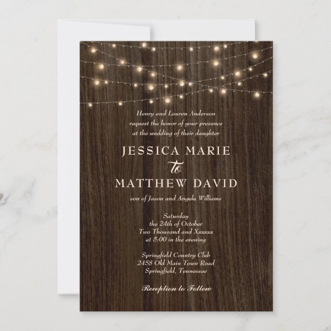 Rustic Farmhouse Twinkling Lights Wedding Invitation (Front)