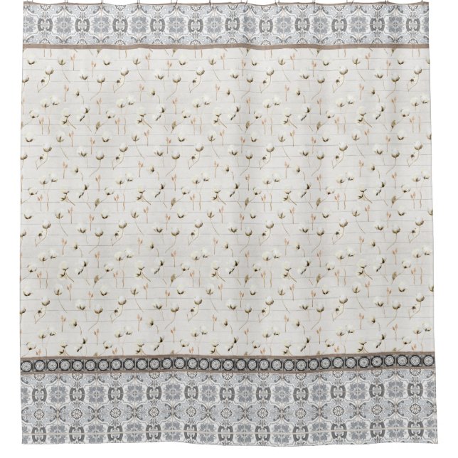 Rustic Farmhouse Watercolor Shiplap Cotton Bolls Shower Curtain (Front)