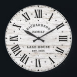 Rustic Farmhouse White Barn Wood Personalized Name Large Clock<br><div class="desc">Personalize this rustic white barn wood clock with your family name, lake house and established year. This rustic country farmhouse themed clock features black text with your family name, lake house and year established printed on a stylish rustic white faux wood background. Shown here as a lake house clock with...</div>