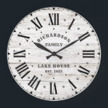 Rustic Farmhouse White Barn Wood Personalized Name Large Clock<br><div class="desc">Personalize this rustic white barn wood clock with your family name, lake house and established year. This rustic country farmhouse themed clock features black text with your family name, lake house and year established printed on a stylish rustic white faux wood background. Shown here as a lake house clock with...</div>