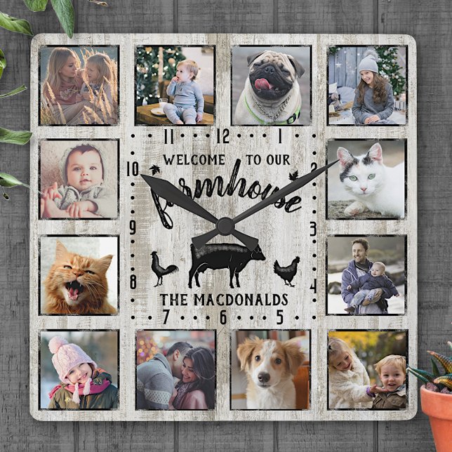 Rustic Farmhouse Wood Cow 12 Family Photo Collage Square Wall Clock (Creator Uploaded)