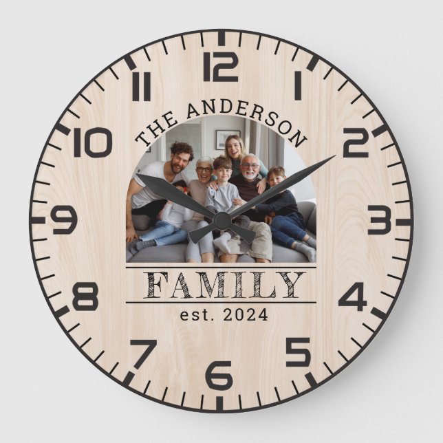 Rustic Farmhouse Wood Custom Photo & Family Name Large Clock (Front)