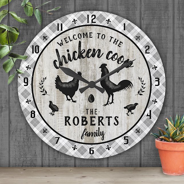 Rustic Farmhouse Wood Plaid Chicken Coop Custom Round Clock (Creator Uploaded)
