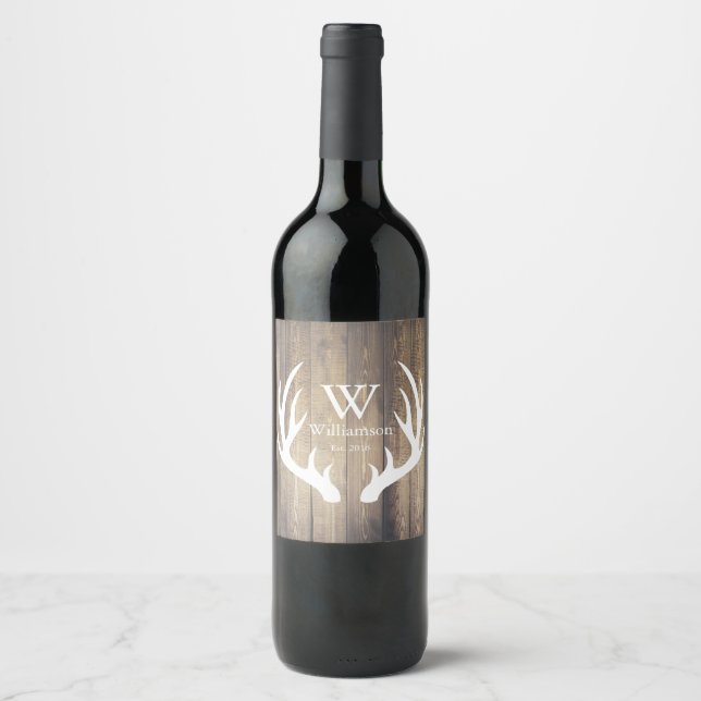Rustic Farmhouse Wood Planks White Deer Antlers Wine Label (Front)