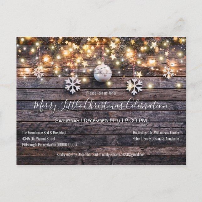 Rustic Farmhouse Wood & Stars Christmas Party Invitation Postcard (Front)