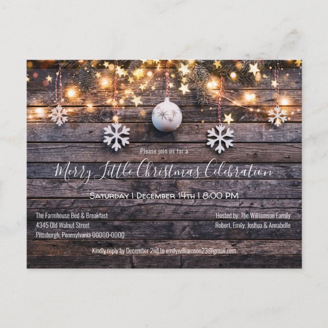 Rustic Farmhouse Wood & Stars Christmas Party Invitation Postcard (Front)