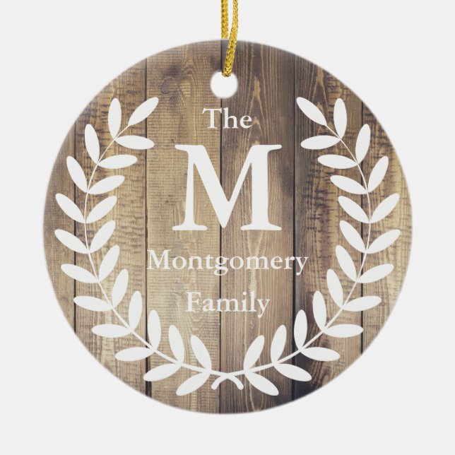 Rustic Farmhouse Wood White Laurels Family Name Ceramic Tree Decoration (Front)