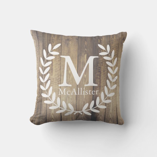 Rustic Farmhouse Wood White Laurels - Personalised Cushion (Front)