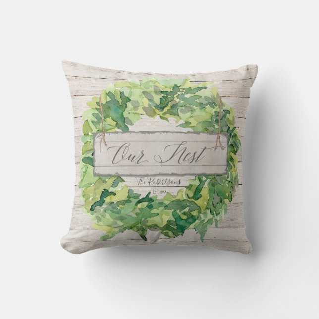 Rustic Farmhouse Wooden Our Nest Greenery Wreath Cushion (Front)