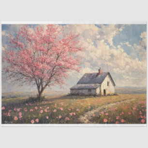 Rustic Farmstead with Flowering Tree Decoupage Tissue Paper