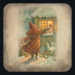Rustic Father Christmas with Children at Window Square Sticker<br><div class="desc">Richly-robed in brown Father Christmas stops by on a snowy winter night to give presents to children at a lit window on distressed sepia background.</div>