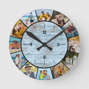 Rustic Faux Blue Wood Fence 12 Photo Collage Round Clock