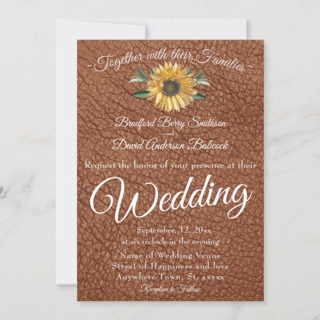 Rustic Faux Brown Leather Golden Sunflower wedding Invitation (Front)