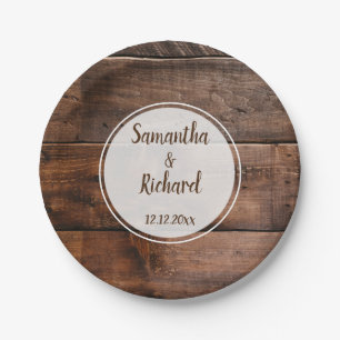 Rustic Faux Brown Wood Country Wedding Paper Plate