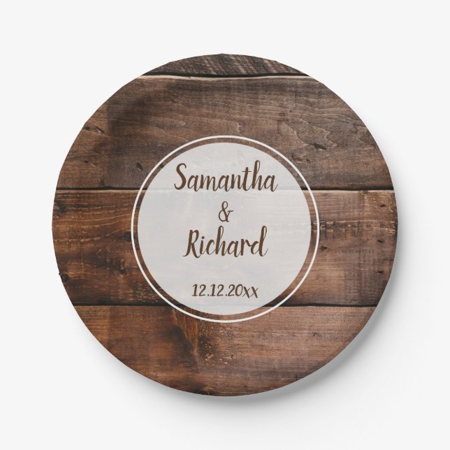 Rustic Faux Brown Wood Country Wedding Paper Plate (Front)