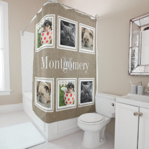 Rustic Faux Burlap 6 Family Photos & Family Name Shower Curtain
