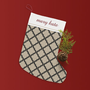 Rustic Faux Burlap and Black Moroccan Quatrefoil Small Christmas Stocking